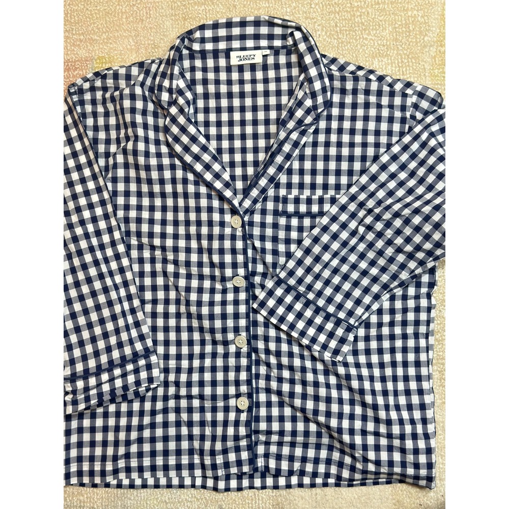 Sleepy Jones Marina Pajama Shirt Navy White Gingham Cotton Button Up Medium